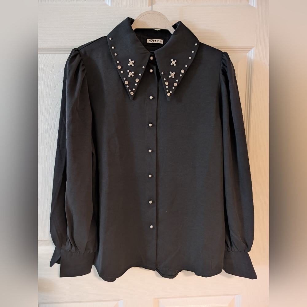 Elegant Black Blouse with Studded Collar